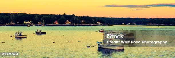 Lobster Boats Moored In The Sheepscot River At The Wiscasset Waterfront At Sunset Stock Photo - Download Image Now