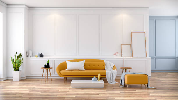 Modern mid Century room interior , Yellow sofa on white room,3d rendering