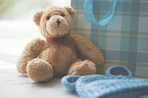 Teddy bear and baby shower gift for baby boy.