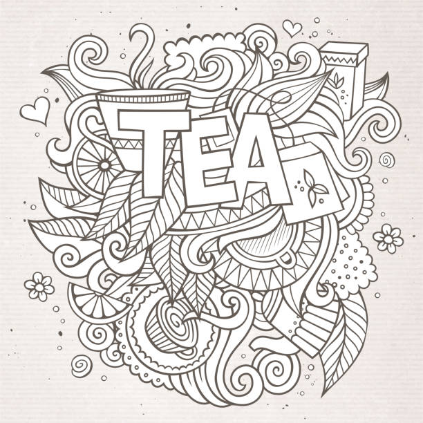 차 손으로 레터링 및 doodles 요소 배경기술 - black tea dishware plate cup stock illustrations