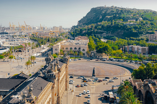 Barcelona, view to Montjuic Mountain from Christopher Columbus monument