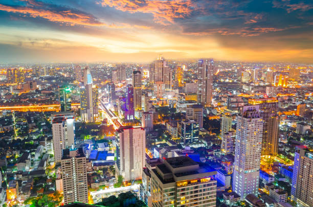 istock Panoramic view Cityscape business district from aerial view high building at dusk (Bangkok, Thailand) 810726316