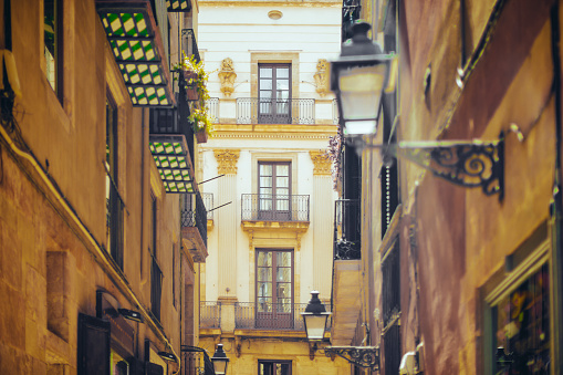 Facade of houses at the Gothic Quarter, Barcelona