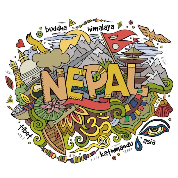 Vector illustration of Nepal country hand lettering and doodles elements