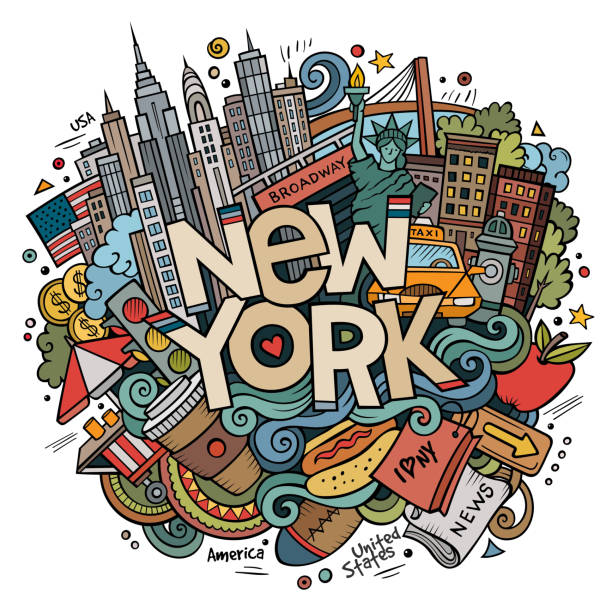 illustrazioni stock, clip art, cartoni animati e icone di tendenza di cartone animato carino doodles disegnato a mano iscrizione di new york - brooklyn bridge taxi new york city brooklyn