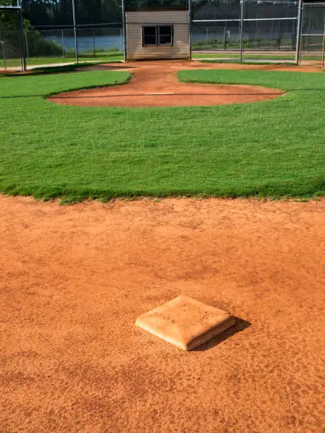 Children's baseball field viewed from behind 2nd base, toward the pitcher's mound and home plate.