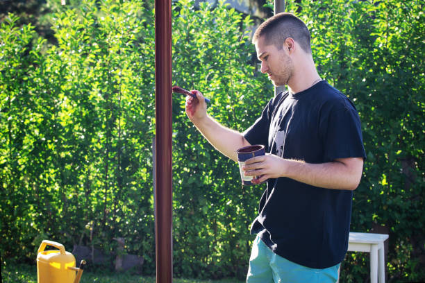 istock Young man with paintbrush painting pipe in his yard 810768694