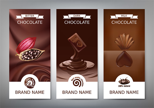 Set realistic vector vertical banners with milk, dark and bitter chocolate. Template, design element for packaging with melted chocolate, a slice of chocolate bars, cocoa beans and chocolate candy