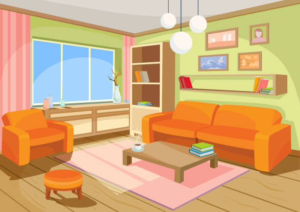 illustrazioni stock, clip art, cartoni animati e icone di tendenza di illustrazione vettoriale di un accogliente interno cartone animato di una stanza di casa, un soggiorno - tavolino