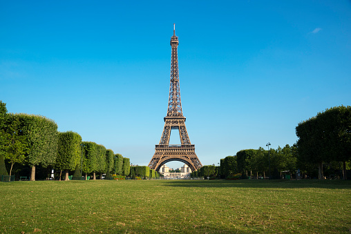Eiffel tower and beautiful clear blue sky in Summer