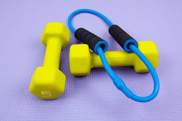 istock Dumbbells and Resistance Band on Exercise Mat 810778500