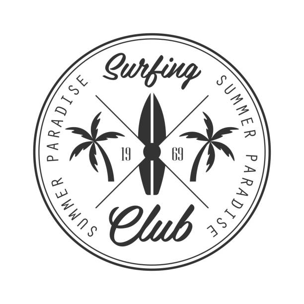 Summer paradise surfing club icon template, black and white vector Illustration Summer paradise surfing club icon template, black and white vector Illustration for label, badge, sticker, banner, card, advertisement, tag breaking wave stock illustrations