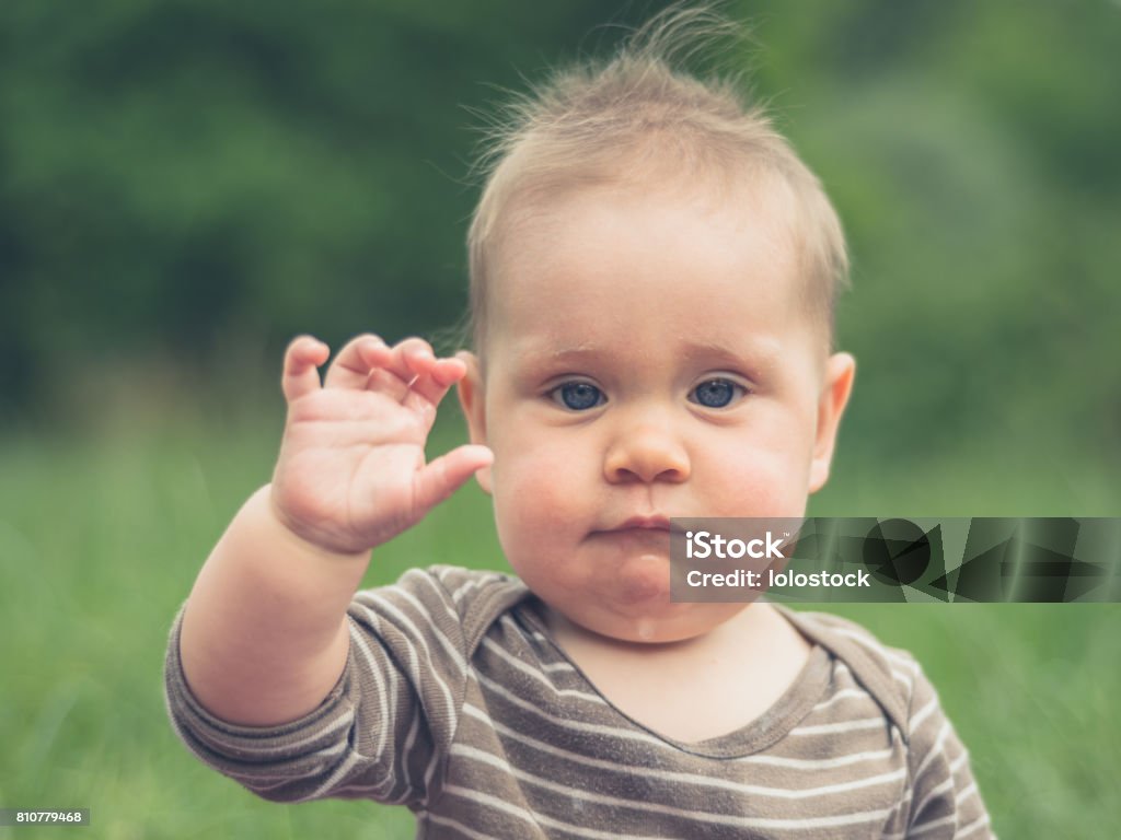 Schattige kleine baby in de natuur is zwaaien - Royalty-free Baby Stockfoto