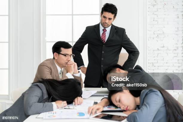 Boss Angry When Business People Team Sleeping On Meeting Room In Office Business People Team Tired After Working Hard Stock Photo - Download Image Now