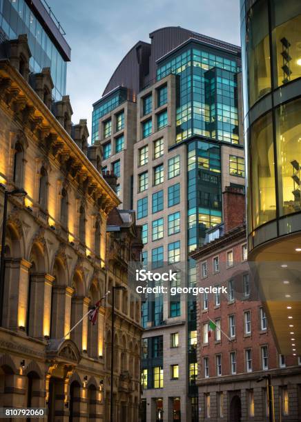 Traditional And Modern Citycentre Architecture In Manchester At Dusk Stock Photo - Download Image Now