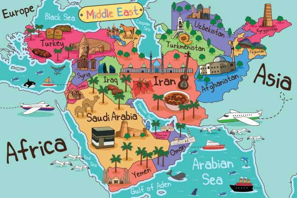 mapa krajów bliskiego wschodu w stylu kreskówki - middle east illustrations stock illustrations