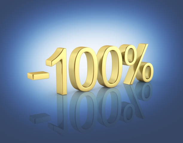 istock Gold text 100 percent off on dark blue gradient background with reflection 3D render 810811546