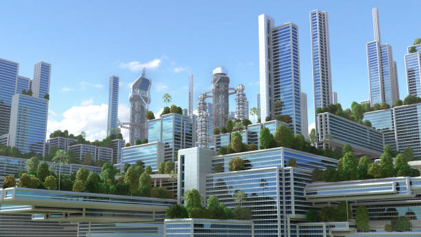 3D futuristic green city. 3D rendering of a futuristic "green" city with high rise buildings and terraces covered in vegetation, for environmental architecture backgrounds. green skyscraper stock pictures, royalty-free photos & images