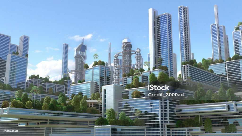 Cidade verde futurista 3D. - Foto de stock de Futurista royalty-free