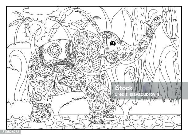 Coloring Page Elephant In Jungle Vector Illustration Stock Illustration - Download Image Now