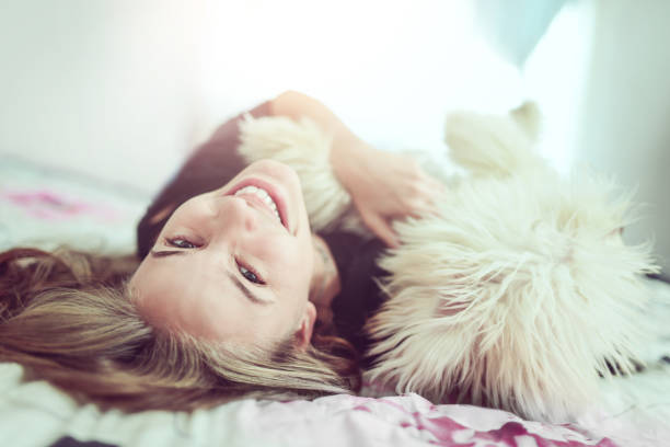 istock Smiling Female Having Fun with her Poodle Dog in Bed 810831282