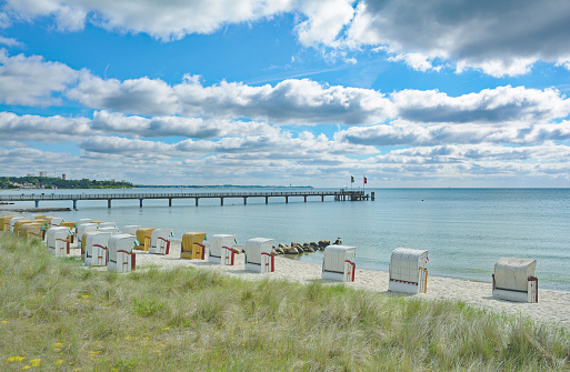 Pier and Beach of Haffkrug at baltic Sea near Timmendorfer Strand and Scharbeutz,Schleswig-Holstein,Germany