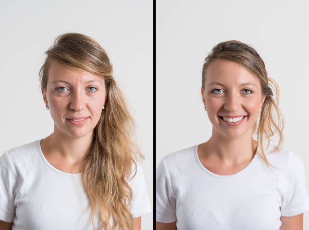 femme avant et après la coiffure et de maquillage airbrush - people smiling variation multiple image photos et images de collection