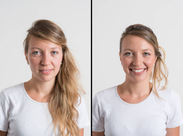 woman before and after airbrush makeup and hairdressing - skin care blue eyes expressing positivity cheerful imagens e fotografias de stock