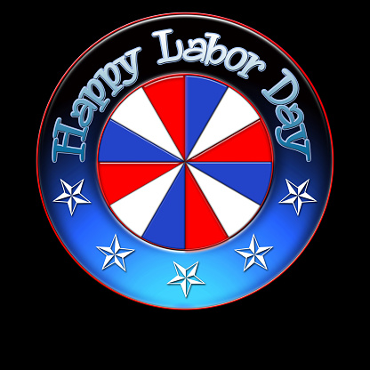 Happy Labor Day, round shaped shield, containging text, stars and stripes, isolated against the black background