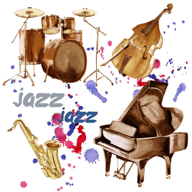 ilustrações de stock, clip art, desenhos animados e ícones de jazz instruments. saxophone, piano, drums and double bass. isolated on white background. - bass drum