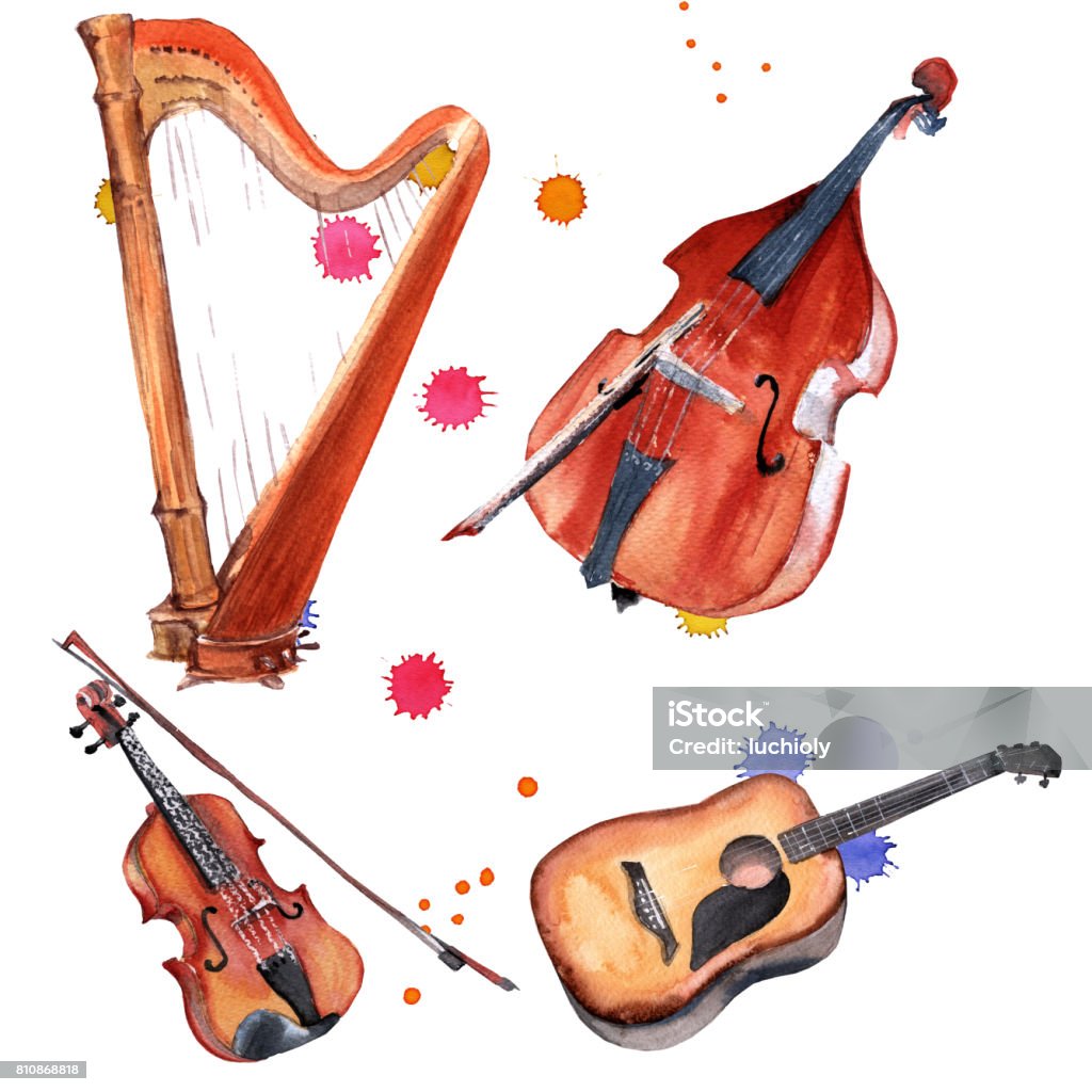 Musical instruments set. Harp, violin, double bass and guitar. Isolated on white background. Musical instruments set. Harp, violin, double bass and guitar. Isolated on white background. Watercolor illustration Harp stock illustration