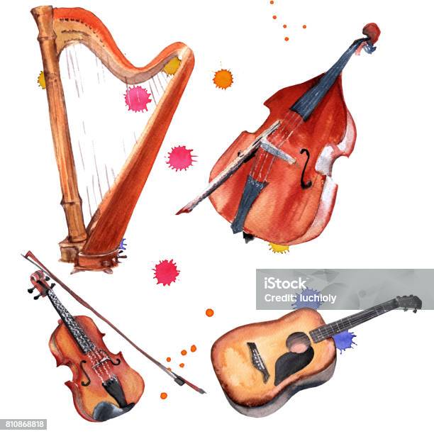 Musical Instruments Set Harp Violin Double Bass And Guitar Isolated On White Background Stock Illustration - Download Image Now