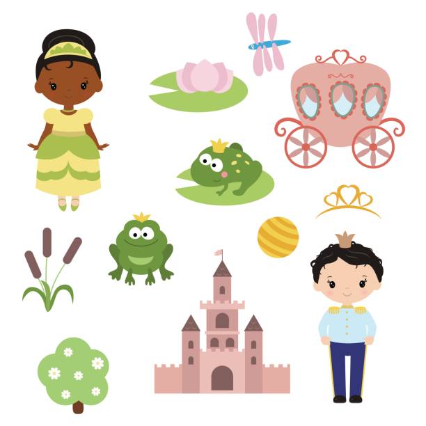 illustrations, cliparts, dessins animés et icônes de thème princesse et château, le prince grenouille, transport - frog animal little boys child