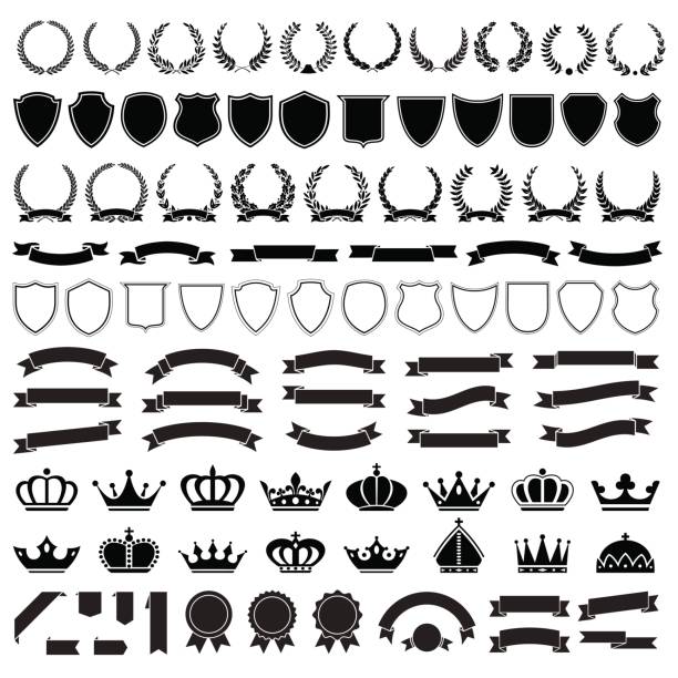 ilustraciones, imágenes clip art, dibujos animados e iconos de stock de heráldico conjunto de elementos-ilustración - crown symbol nobility vector