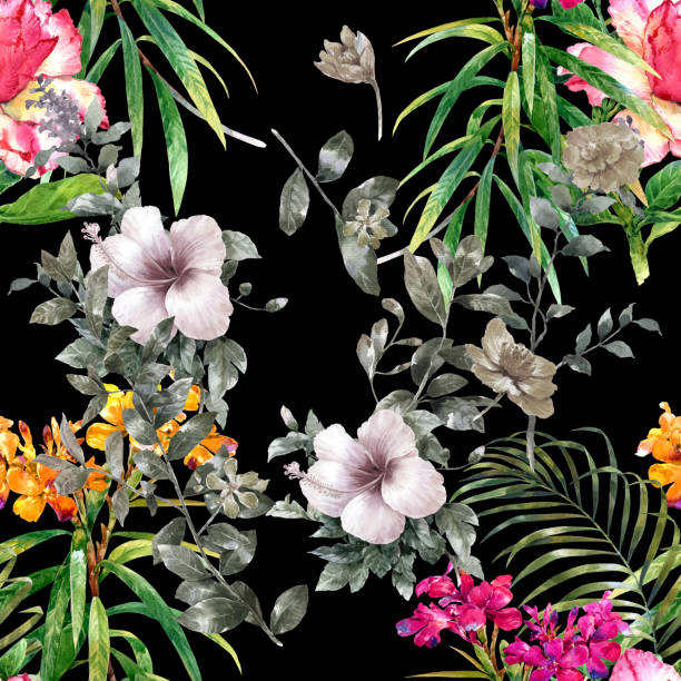 istock Watercolor painting of leaf and flowers, seamless pattern 810871748