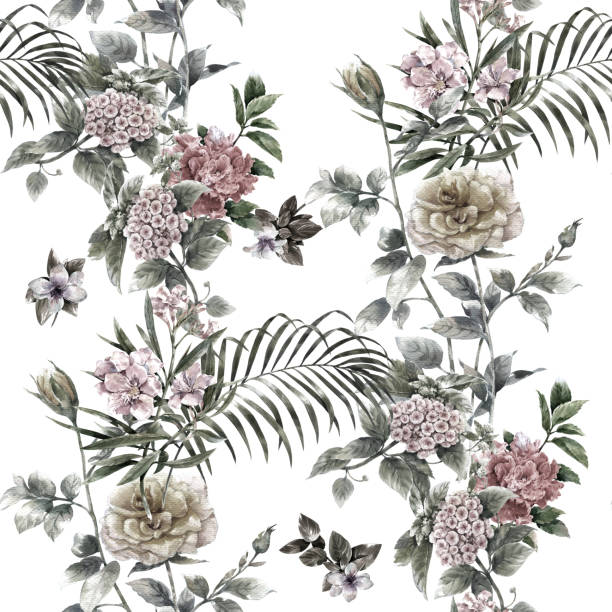 istock Watercolor painting of leaf and flowers, seamless pattern 810871804