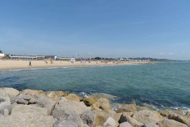 Sandbanks beach with beach huts and apartments