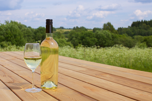 A bottle of white wine with a glass arranged in nature. Picnic concept. Focus on bottle