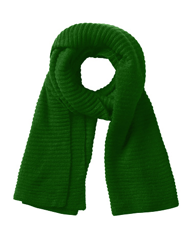 Warm dark green woven winter scarf isolated on white