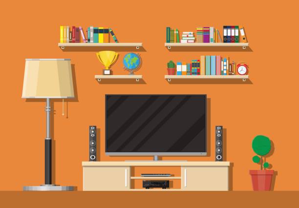 현대적이다 거실용 내륙발 - domestic room trophy furniture television stock illustrations