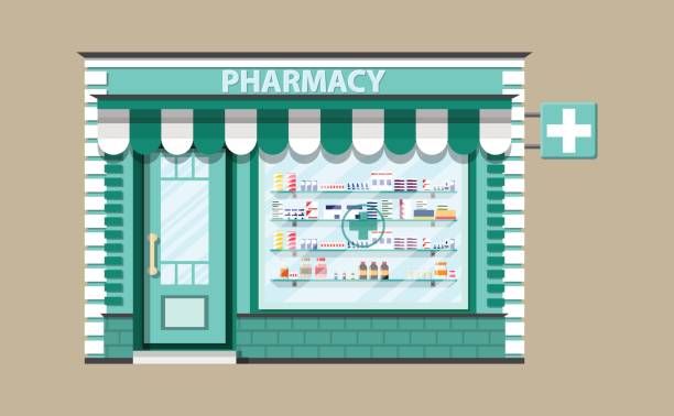 Modern exterior pharmacy or drugstore. Modern exterior pharmacy or drugstore. Medicine pills capsules bottles vitamins and tablets. vector illustration in flat style pharmacy store stock illustrations