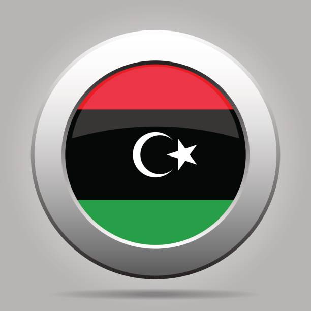 flagge von libyen. glänzende graue runde metallknopf. - libya flag libyan flag three dimensional shape stock-grafiken, -clipart, -cartoons und -symbole