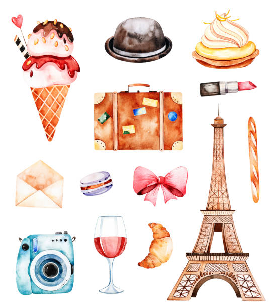 ilustrações, clipart, desenhos animados e ícones de coleção de verão linda com torre eiffel - macaroon french culture dessert food