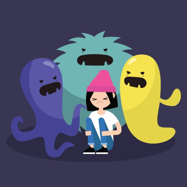 Scared female character surrounded by ugly monsters / flat editable vector illustration, clip art Scared female character surrounded by ugly monsters / flat editable vector illustration, clip art ugly people crying stock illustrations