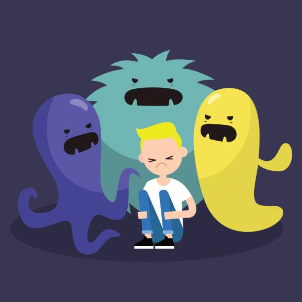 Scared character surrounded by ugly monsters / flat editable vector illustration, clip art Scared character surrounded by ugly monsters / flat editable vector illustration, clip art ugly people crying stock illustrations