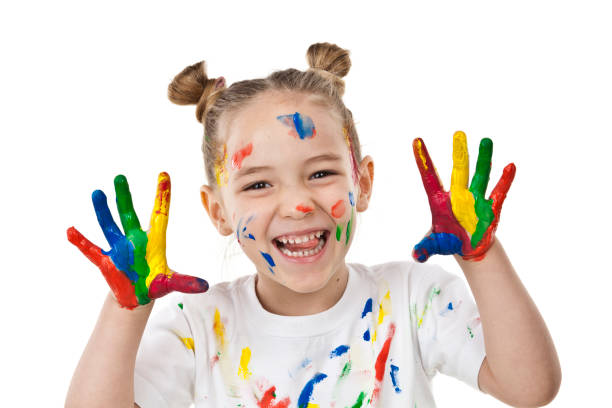 istock Cute girl with paited hands and face 810905810
