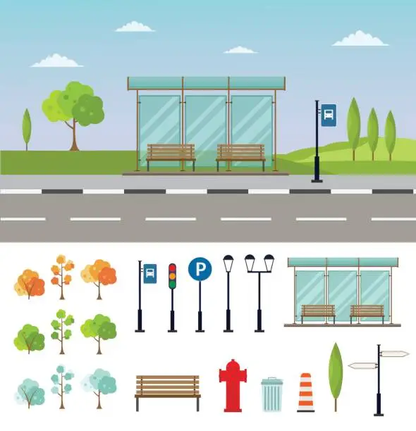 Vector illustration of Bus stop cityscape flat vector illustration background set