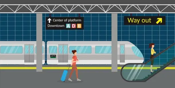 Vector illustration of Subway station platform set with train, underground and inside the railway, metro wagon.