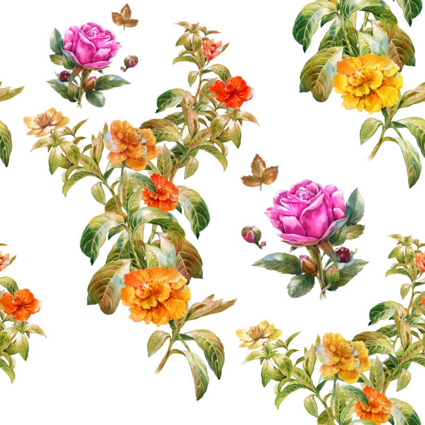 istock Watercolor painting of leaf and flowers, seamless pattern 810919450