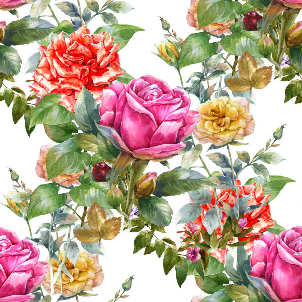 istock Watercolor painting of leaf and flowers,rose, seamless pattern 810919518